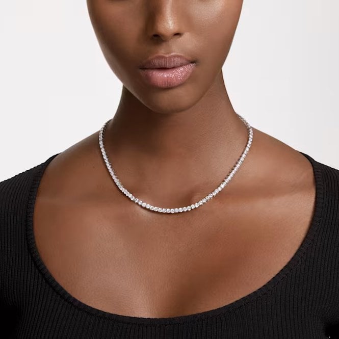 Matrix Necklace & Earrings Tennis Set with Round-Cut White Crystal in Rhodium Silver