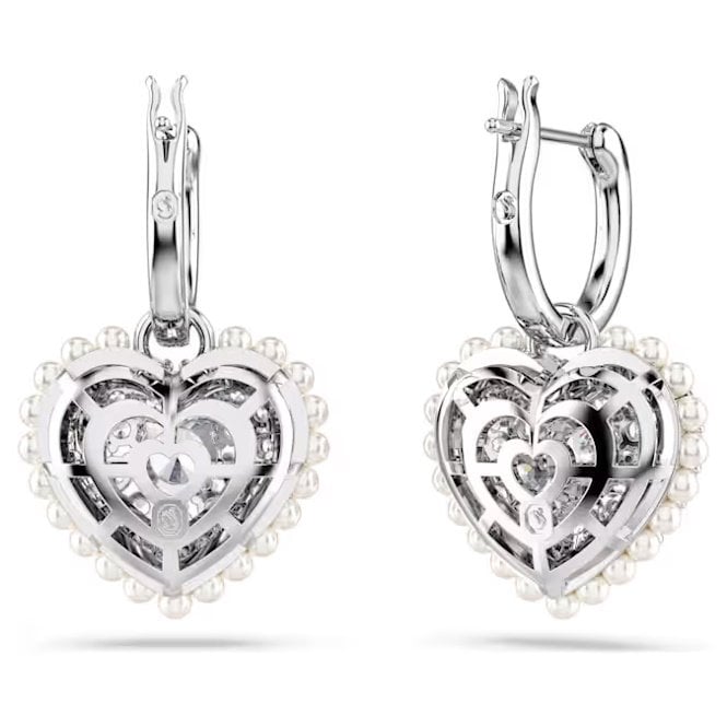 Hyperbola Heart Drop Earrings with White Crystal Pearl in Rhodium Silver