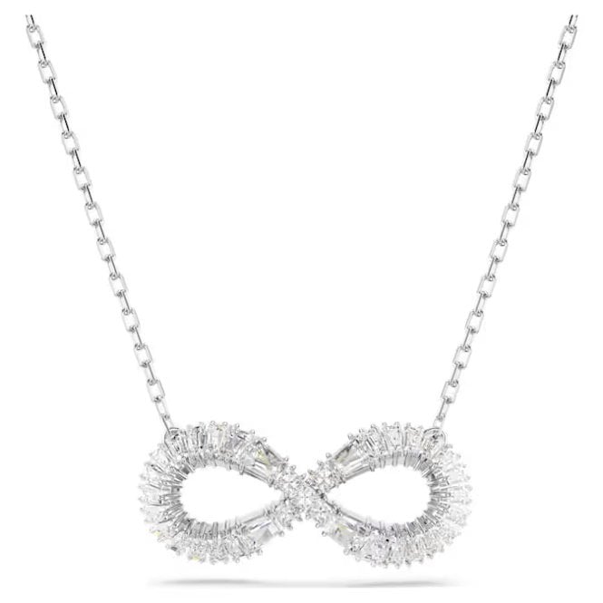 Hyperbola Infinity Pendant Necklace with White Crystal in Rhodium Silver