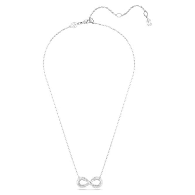 Hyperbola Infinity Pendant Necklace with White Crystal in Rhodium Silver