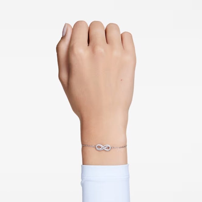 Hyperbola Infinity Bracelet with White Crystal in Rhodium Silver