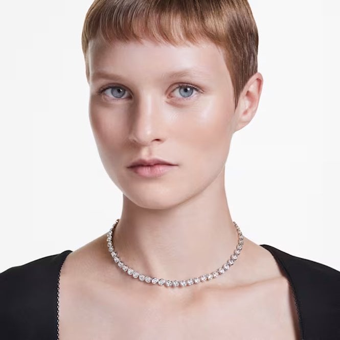 Imber Tennis Necklace with Round-Cut White Crystal in Rhodium Silver
