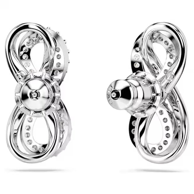 Hyperbola Infinity Stud Earrings with White Crystal in Rhodium Silver