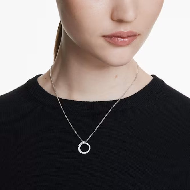 Matrix Pearl Pendant Necklace with Round-Cut White Crystal in Rhodium Silver