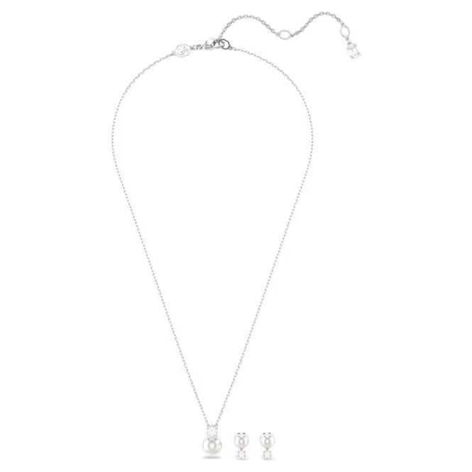 Matrix Necklace & Earrings Pearl Set with Round-Cut White Crystal in Rhodium Silver