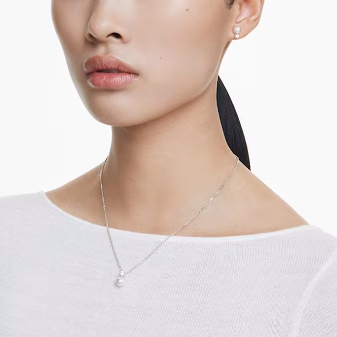 Matrix Necklace & Earrings Pearl Set with Round-Cut White Crystal in Rhodium Silver