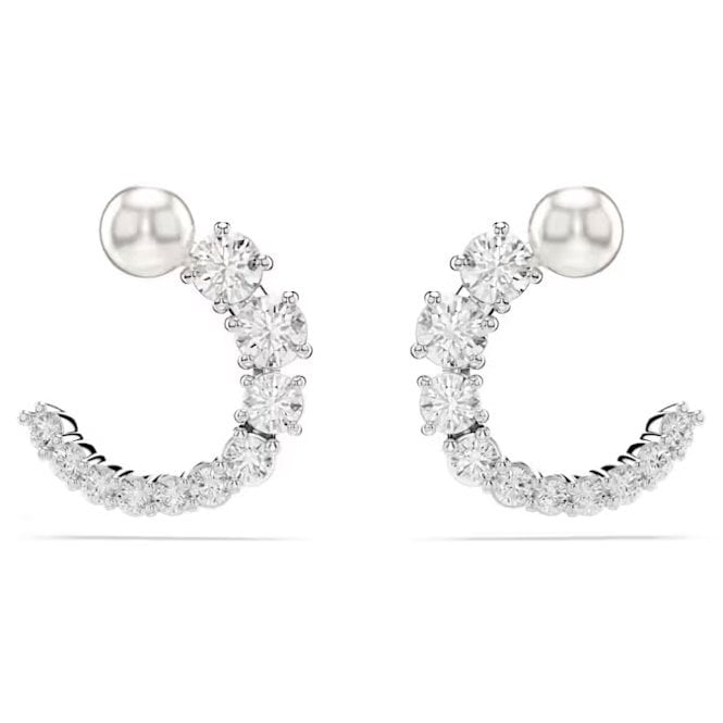 Matrix Pearl Hoop Earrings with Round-Cut White Crystal in Rhodium Silver