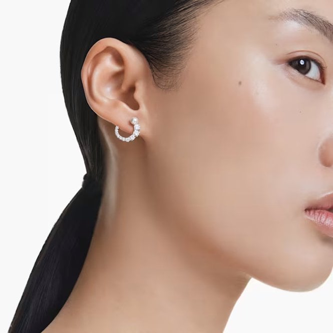 Matrix Pearl Hoop Earrings with Round-Cut White Crystal in Rhodium Silver