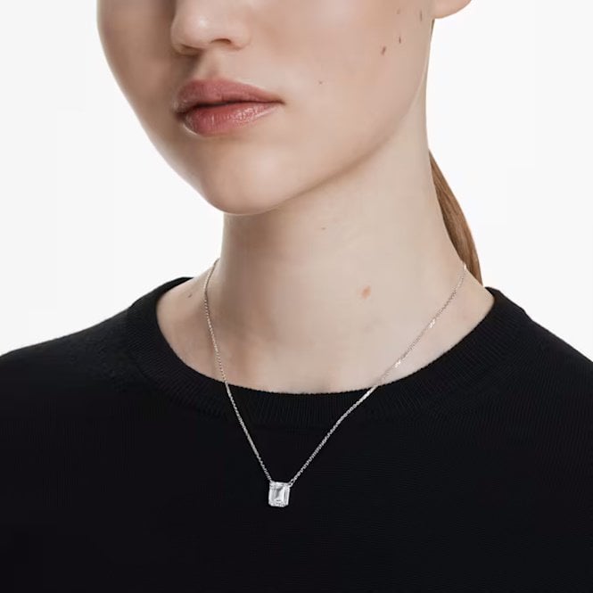 Stilla Pendant Necklace with Octagon-Cut White Crystal in Rhodium Silver
