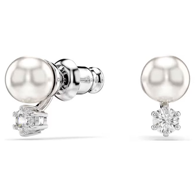 Matrix Pearl Stud Earrings with Round-Cut White Crystal in Rhodium Silver