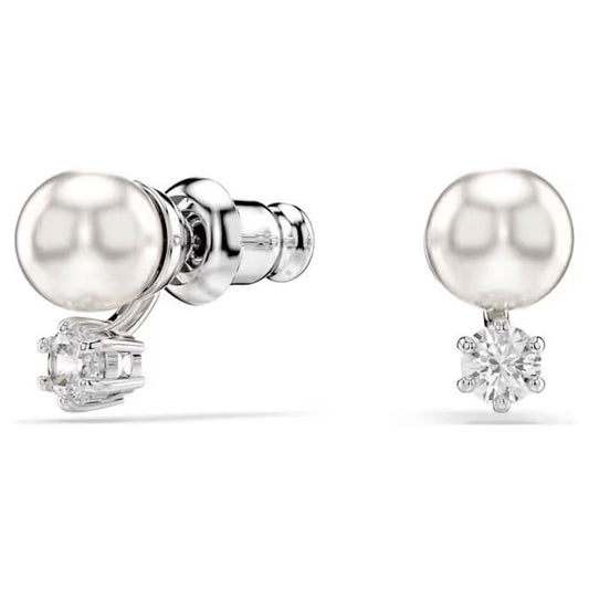 Matrix Pearl Stud Earrings with Round-Cut White Crystal in Rhodium Silver