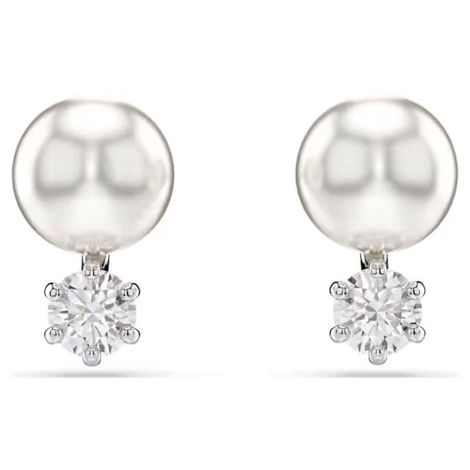 Matrix Pearl Stud Earrings with Round-Cut White Crystal in Rhodium Silver