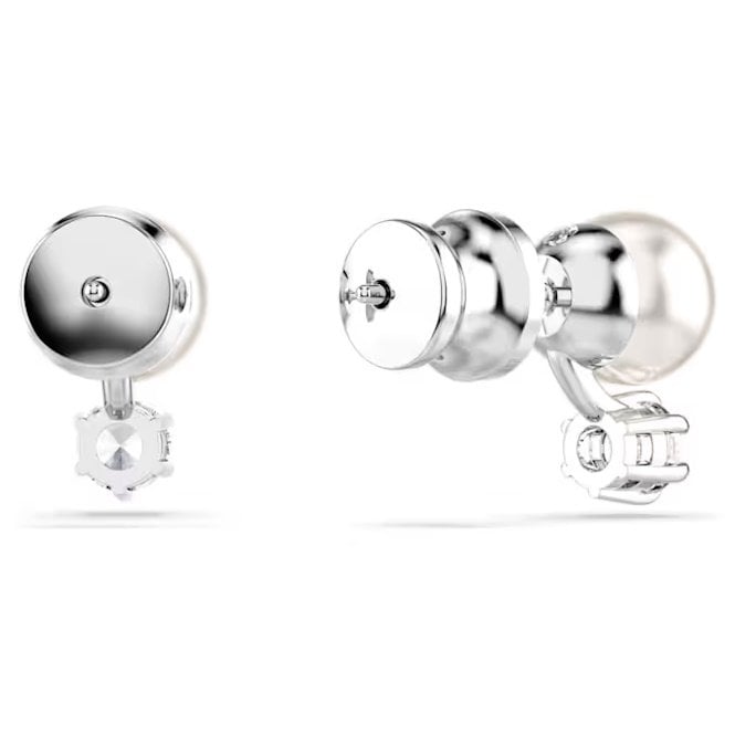 Matrix Pearl Stud Earrings with Round-Cut White Crystal in Rhodium Silver