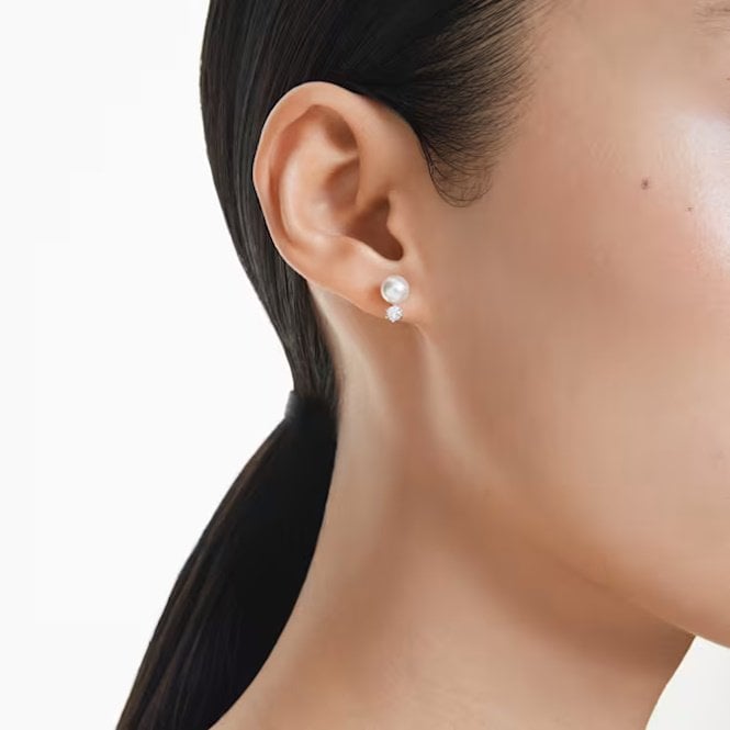 Matrix Pearl Stud Earrings with Round-Cut White Crystal in Rhodium Silver