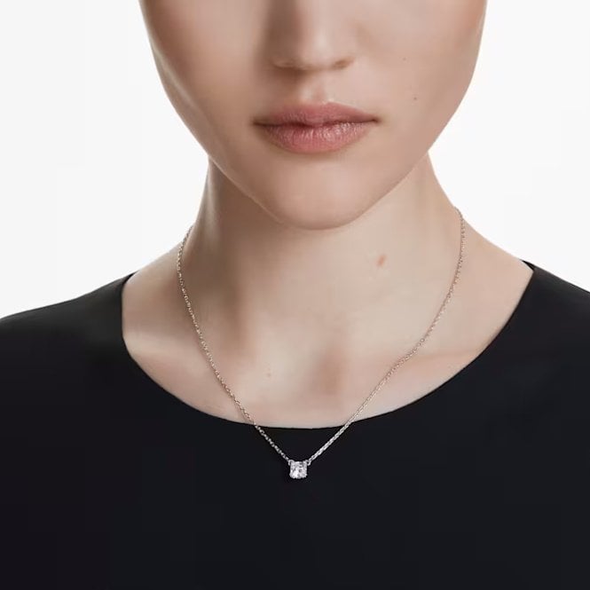 Stilla Pendant Necklace with Square-Cut White Crystal in Rhodium Silver