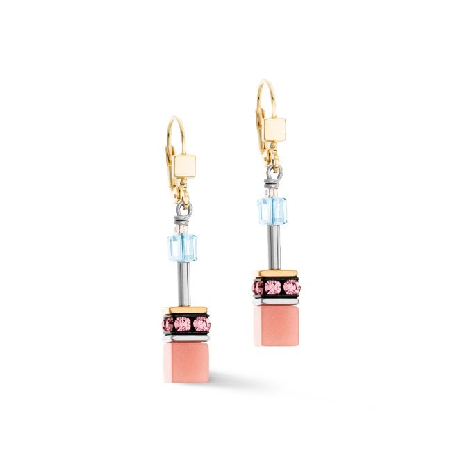 GeoCUBE Iconic Earrings in Gold with Aqua & Apricot