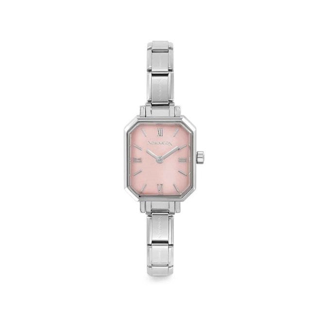 Time Paris Rectangle Pastel Pink Dial & Silver Charm Bracelet Watch