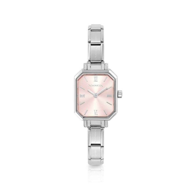 Time Paris Rectangle Pink Dial & Silver Charm Bracelet Watch