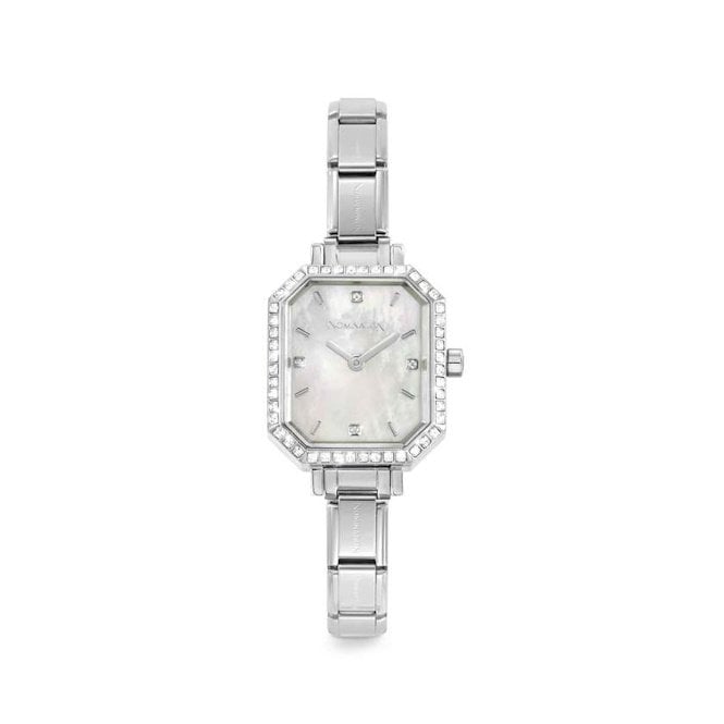 Time Paris Rectangle Mother of Pearl Dial & Silver Charm Bracelet Watch with CZ