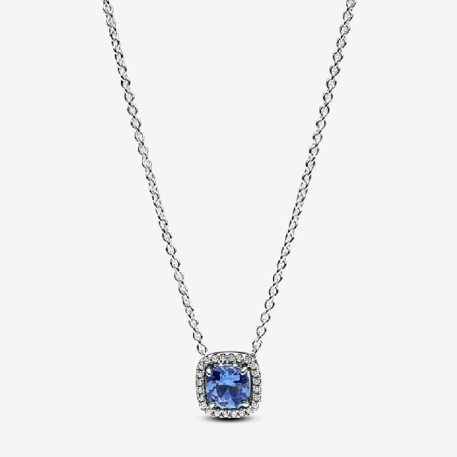 Sparkling Square Blue Halo Pendant Necklace, 45cm