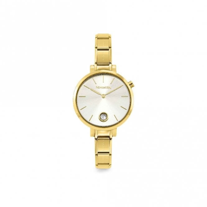 Time Round Silver Glitter Dial & Gold Charm Bracelet Watch with CZ