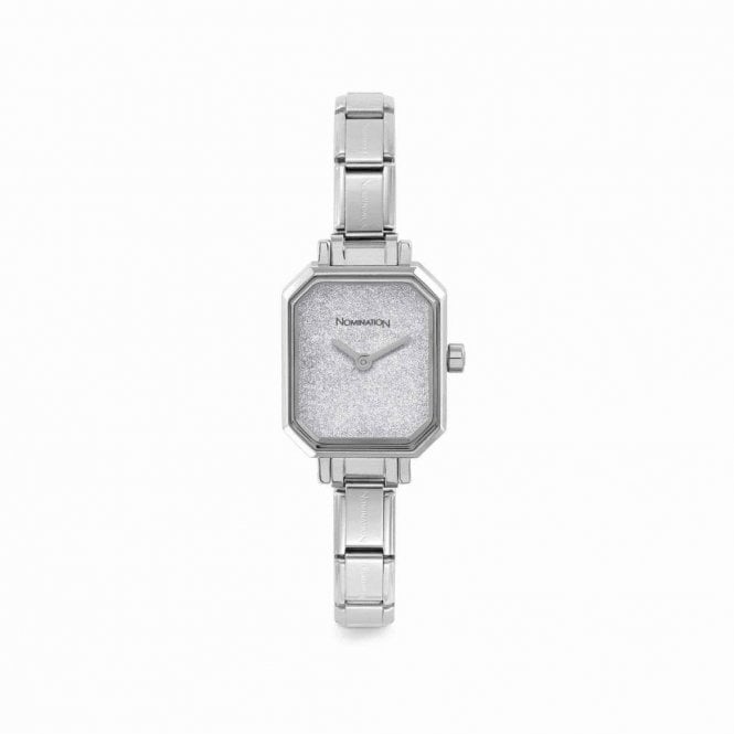 Time Rectangle Silver Glitter Dial & Silver Charm Bracelet Watch