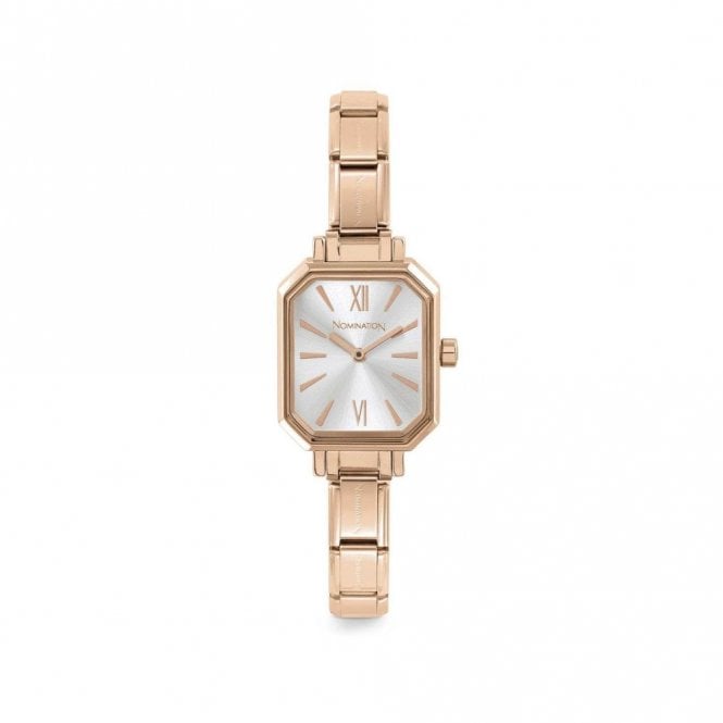 Time Rectangle Silver Dial & Rose Gold Charm Bracelet Watch
