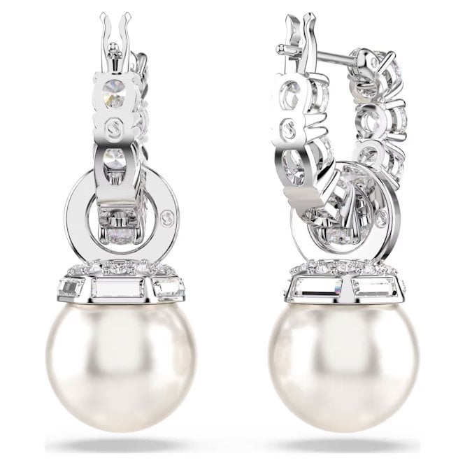 Matrix Drop Earrings with Round-Cut White Crystal & Pearl in Rhodium Silver