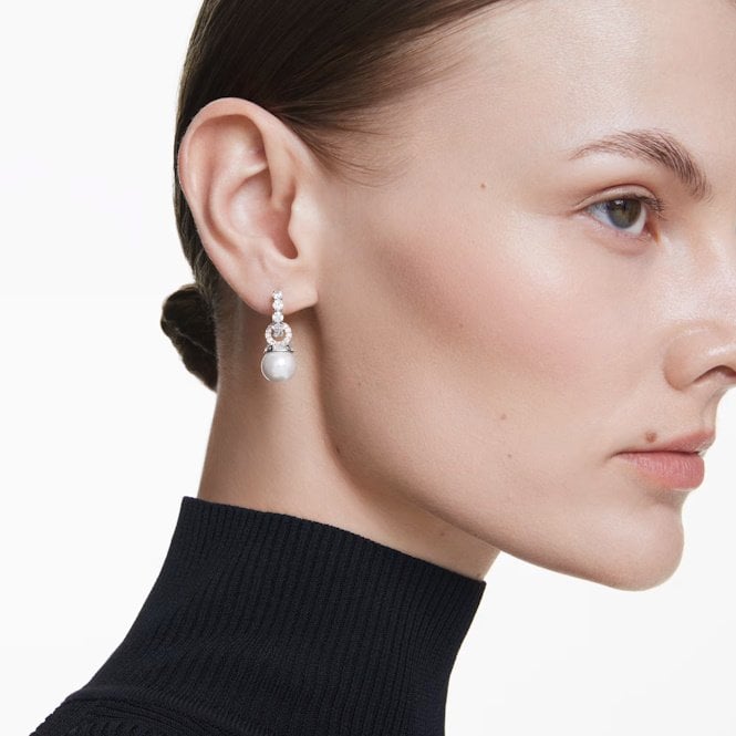 Matrix Drop Earrings with Round-Cut White Crystal & Pearl in Rhodium Silver