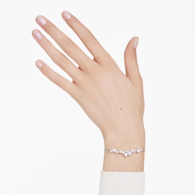 Constella Bangle with Round-Cuts White Crystal & Pearl in Rhodium Silver