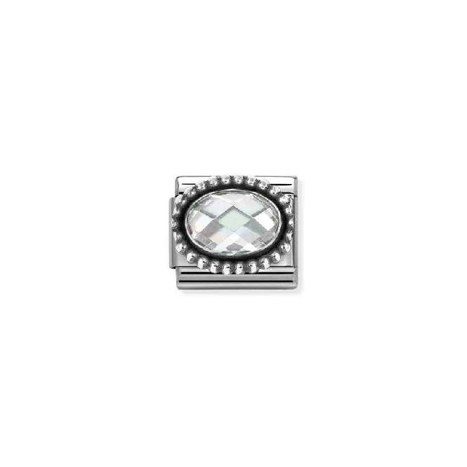 Classic Oxidised Silver and CZ Facetted Rich White Beaded Oval Sparkly & Stones Charms
