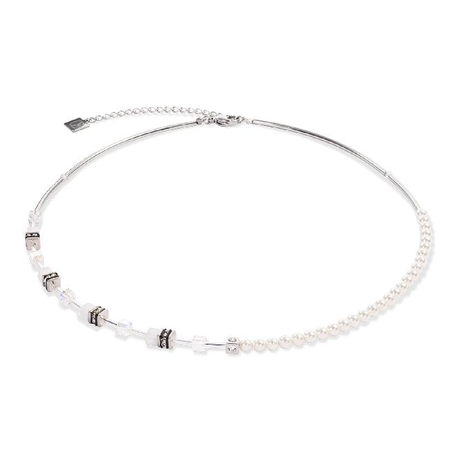 GeoCUBE Mini Fusion Pearls Necklace in Silver & White