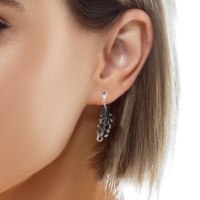 Silver Feather Drop Earrings