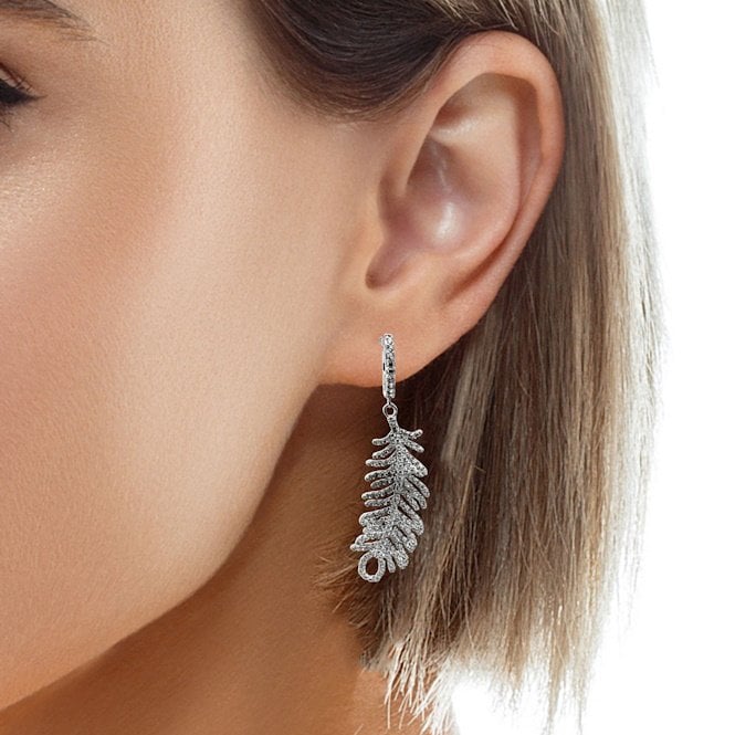 Silver & CZ Pave Feather Drop Earrings