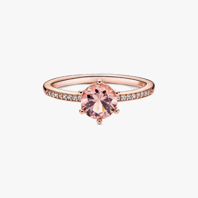 Rose Pink Sparkling Crown Solitaire Ring, Size 54