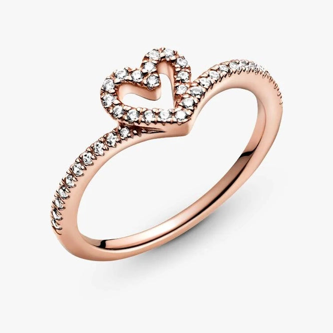 Rose Sparkling Wishbone Heart Ring, Size 54