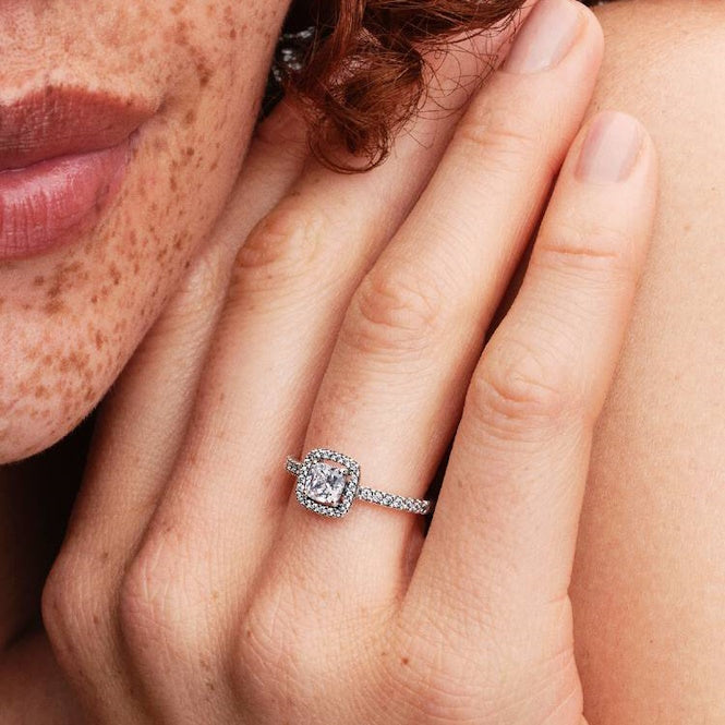Sparkling Square Halo Ring, Size 54