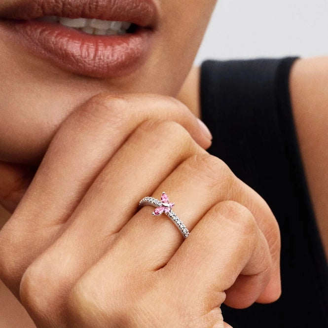 Sparkling Fancy Pink Butterfly Ring, Size 50