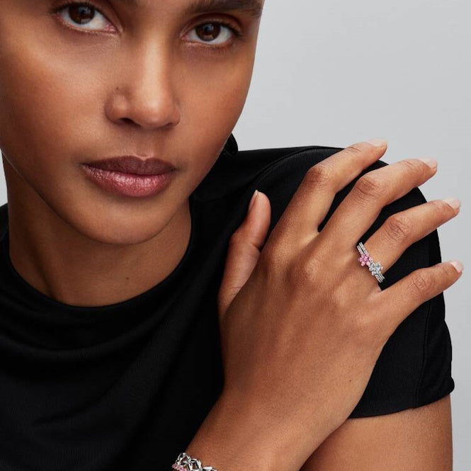 Sparkling Pink Flower Ring, Size 58