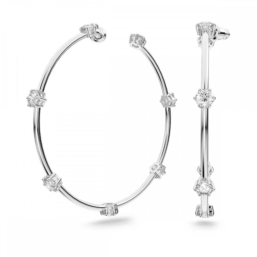 Constella Hoop Earrings with Round-Cut White Crystal in Rhodium Silver