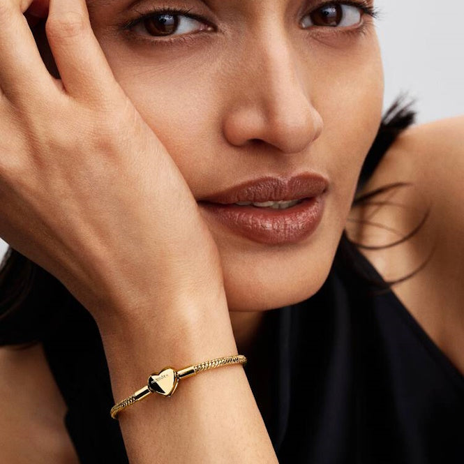 Gold Heart Clasp Faceted Snake Chain Bracelet, 19cm