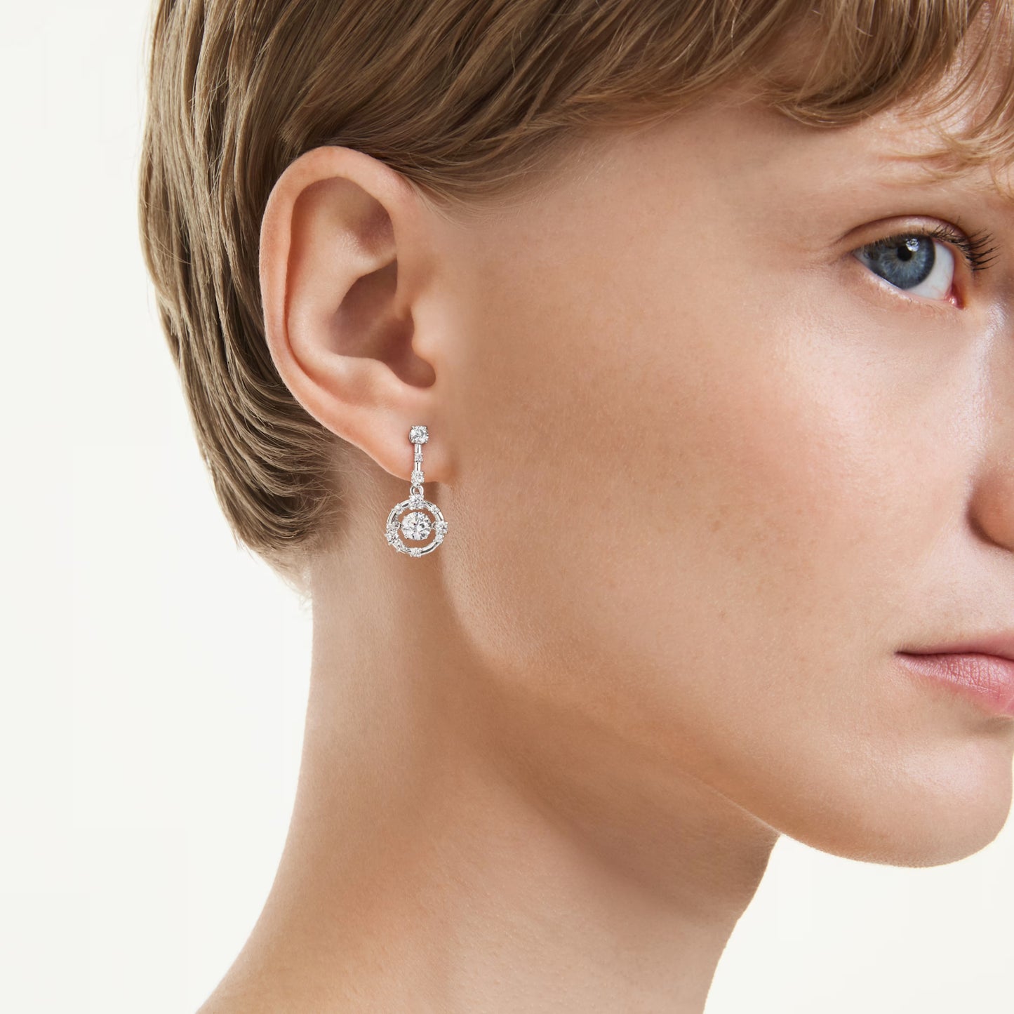 Constella Dancing Drop Earrings with Round-Cut White Crystal in Rhodium Silver
