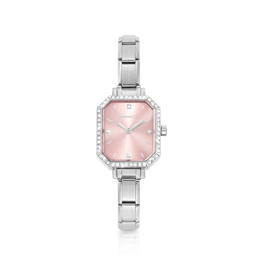 Time Paris Rectangle Pink Dial & Silver Charm Bracelet Watch with CZ