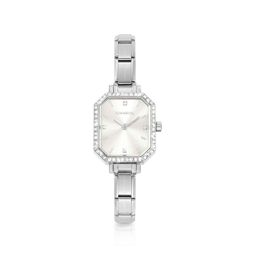 Time Paris Rectangle Silver Dial & Silver Charm Bracelet Watch with CZ