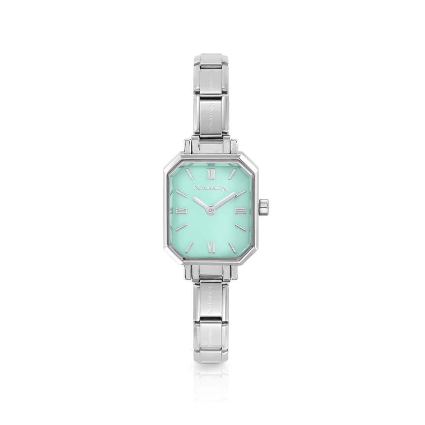 Time Paris Rectangle Green Water Dial & Silver Charm Bracelet Watch