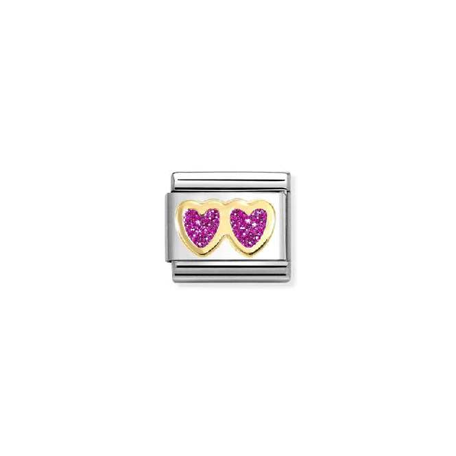 Classic Gold and Enamel Glitter Fuchsia Double Heart Love & Hearts Charms
