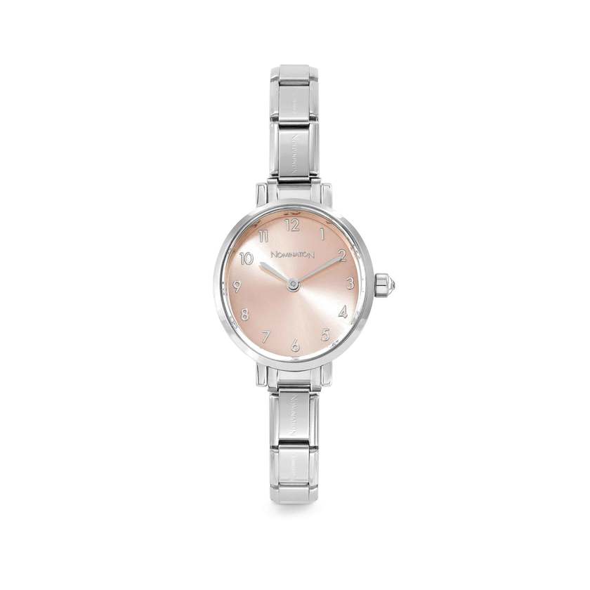 Time Paris Oval Pink Sunray Dial & Silver Charm Bracelet Watch with CZ