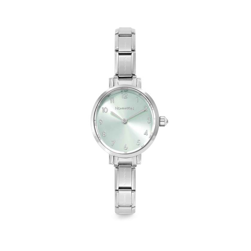 Time Paris Oval Green Water Sunray Dial & Silver Charm Bracelet Watch with CZ