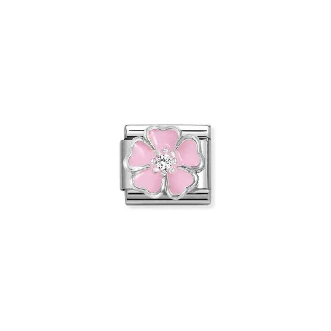 Classic Silver Enamel and CZ Pink Peach Blossom Flowers & Nature Charms