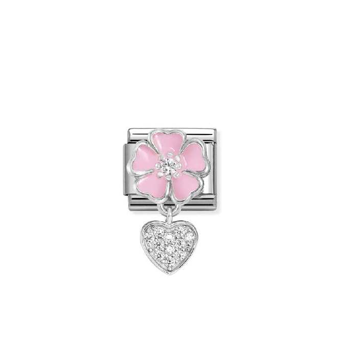 Classic Silver, Enamel and CZ Pink Flower with Heart Flowers & Nature Charms